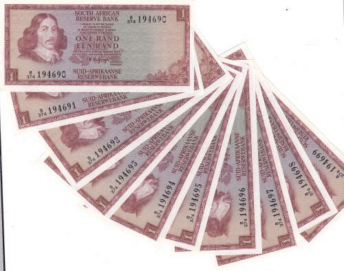 RSA ONE RAND  SEQUENCED DE JONGH 1975 ---LOW START AND RARE FIND (10 NOTES)