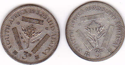 1932 UNION OF SOUTH AFRICA  SILVER THREEPENCE (TICKEY)  - SET OF TWO COINS