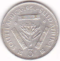 1950 UNION OF SOUTH AFRICA  SILVER THREEPENCE (TICKEY)