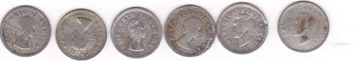 UNION OF SA THREEPENCE (SET OF 6 COINS: 1951/52/53/54/55/56)