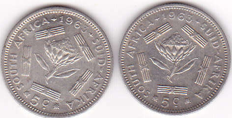 1963 SOUTH AFRICA  FIVE CENTS SILVER (2 COINS ----BID IS PER COIN)