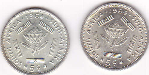 1964 SOUTH AFRICA  FIVE CENTS SILVER (2 COINS --- BID IS PER COIN)