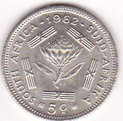 1962 SOUTH AFRICA  FIVE CENTS SILVER