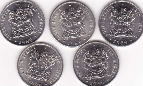 REPUBLIC OF SOUTH AFRICA TEN CENTS NICKEL (SET OF 5 COINS - 1989)