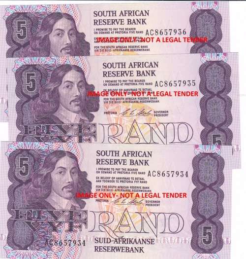 1990 FIVE RAND NOTES - CL STALS- -FIRST & ONLY  (3 NOTES)- UNCIRCULATED A-NUMBERS