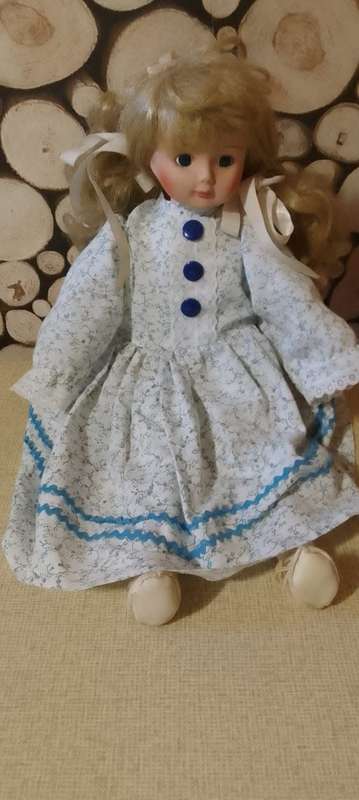 Porcelain Doll - Little Miss - 37 cm long - with Wooden Stand