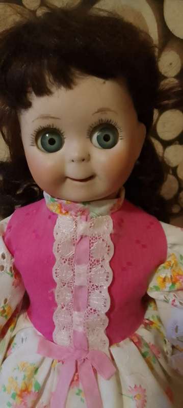 PORCELAIN DOLL - pretty pink vintage- 40 cm long - ON STAND