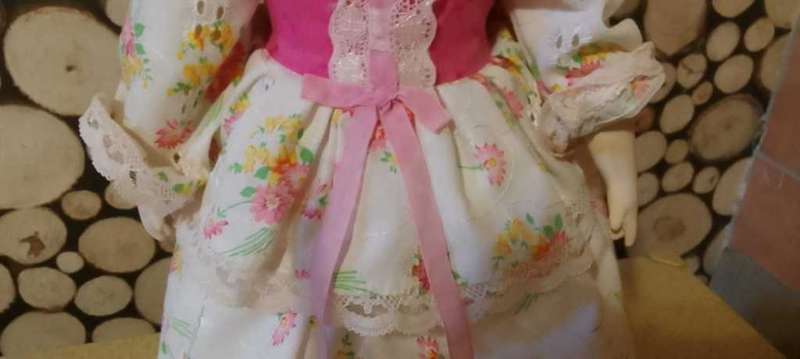 PORCELAIN DOLL - pretty pink vintage- 40 cm long - ON STAND