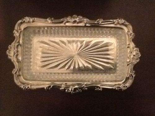 Silver tray with hallmarks has a crystal top piece