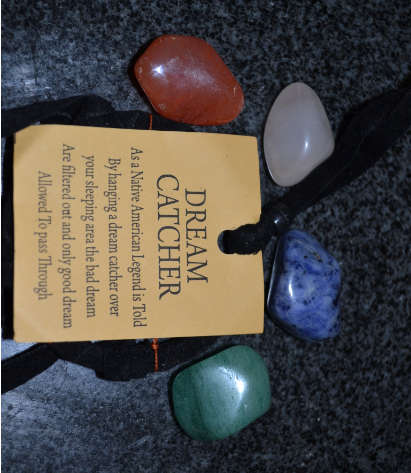 Dream catcher - triple feathers - black (6cm) with Sodalite, Aventurine, Rose Quartz and Carnelian