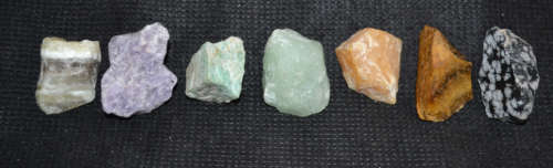 7  Rough  Crystals Calcite, Amazonite, Lepidolite Green and Peach Aventurine, Tigers eye, Obsidian