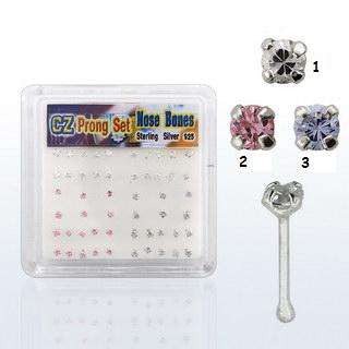 Sterling silver prong set nose pin Baby Pink, Light Purple and clear cubic zirconia Set of 3