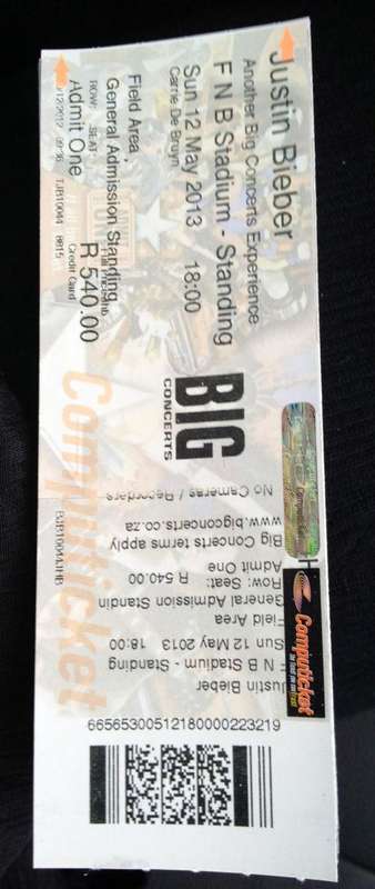 Ticket - Justin Bieber Johannesburg - 12 May 2013