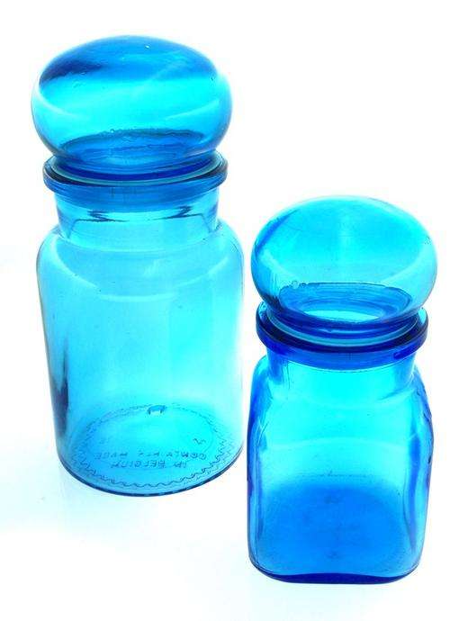 Two Beautiful Belgian Blue Glass Bottles