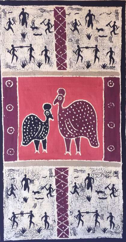 East African dyed cloth stretched over wooden frame