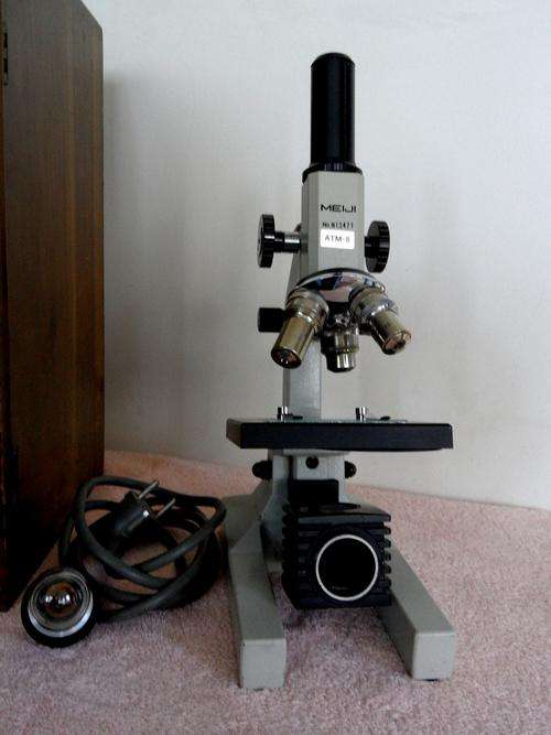 Meiji Optical Oil Immersion Microscope in wooden case.
