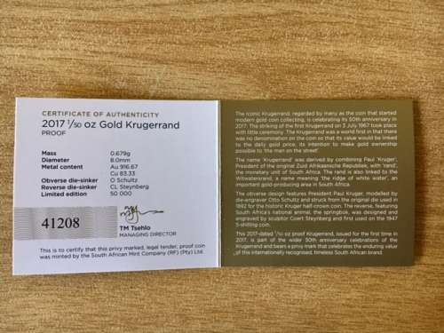 # 2017 FINE GOLD 22 K. 1/50TH Oz. KRUGERRAND 50th ANNIV. SEALED, PRIVY MARK, COA, SA MINT BOXES! @R1