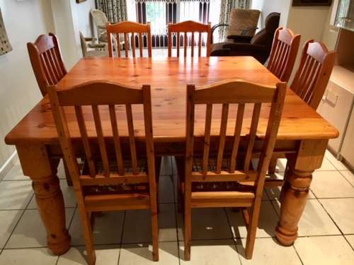 # STUNNING LARGE & HEAVY 8 x PIECE OREGON PINE TABLE/CHAIRS DINNER SET # COLLECTION ONLY RANDBURG #