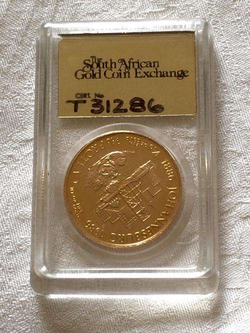 ## JOHANNESBURG 1986 ## 1/10 oz. PURE 24 CARAT GOLD PROOF COIN ## THE SA GOLD EXCHANGE # COA #FSC