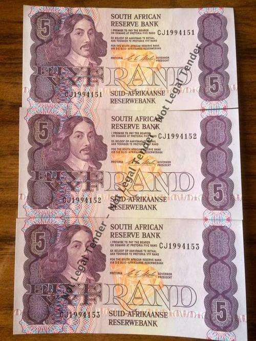 NOSTALGIC SOUTH AFRICAN REPUBLIC PERIOD NOTES! CJ STALS R5 NOTES x 3 IN SEQUENCE - ONE LOT! #FSC