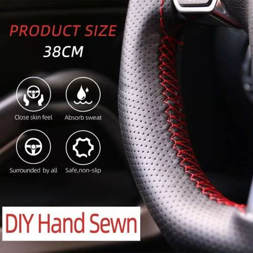 Universal DIY Faux Leather Car Steering Wheel Cover Kit - Red Stitching