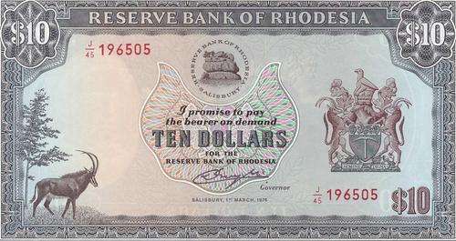 Reserve Bank of Rhodesia Ten Dollars