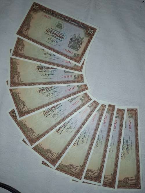 WOW! Rare find: Set of 10 $5 Rhodesian banknotes - in sequence
