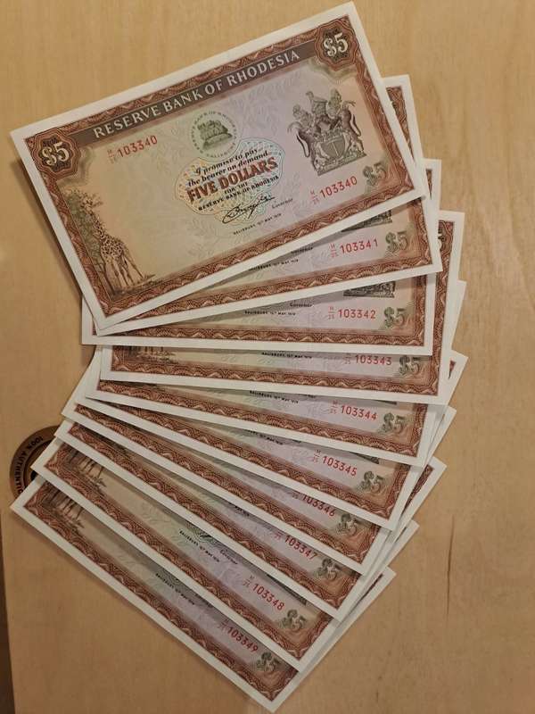 WOW 10x $5 Rhodesian banknotes in sequence