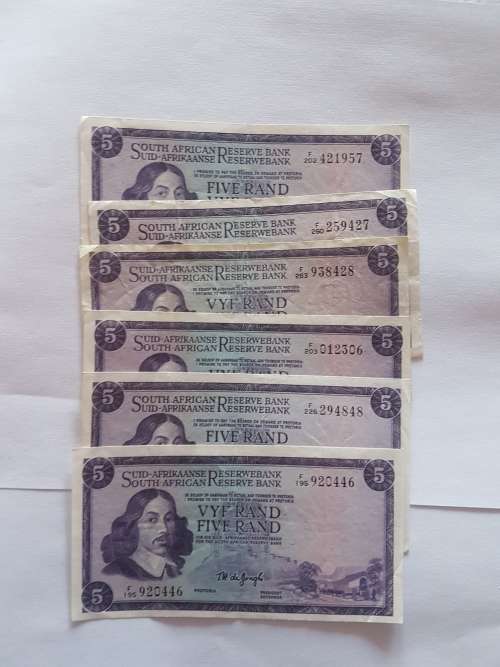 South African reserve bank T.W de Jong R5 notes x6