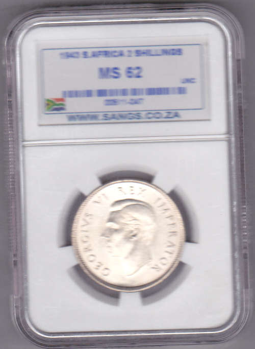 1943 2 shillings Sangs graded MS62 (Mint State)