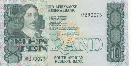R10 note Signed by Gov. G P C de Kock. First issue In  AU grade