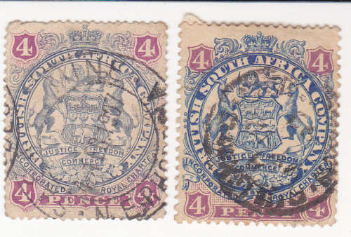 1896-97 BSAC  4 penny X 2 ultramarine and mauve used SACC 41 CV R400