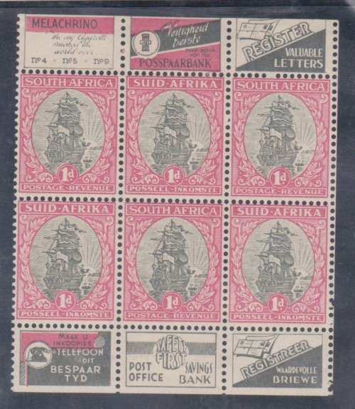 1935  Union 1d Booklet pane No 10 MNH