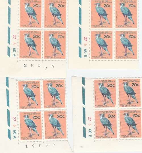 1963 R S A 20c Control Blocks x 4 No 27 60 A + B MNH SACC 233