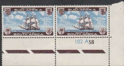 1962 Landing of 1820 Settlers 12 1/2cbottom marginal corner block of 2 with Comntrol no SACC 222