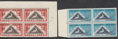 1953 UNION Cent of the Cape Triangle 1d Marginal corner bl of 4 and 4d marginal bl x4 MNH  SACC 1431