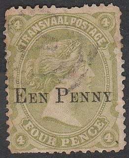 1882 TRANSVAAL EEN PENNY in black on 3d used single SACC 173