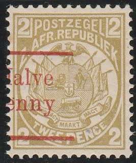 1893 Transvaal 1/2d on 2d Surcharged in red HALVE PENNY  o/p shifted to left SACC 200