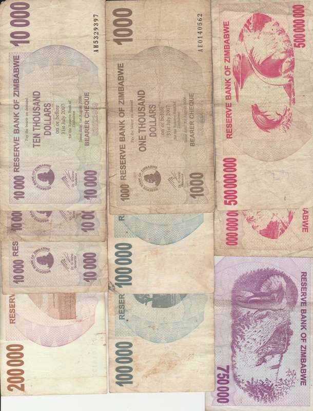 2007 Zimbabwe used banknotes from $1000-,$10000x 3,$100000 x 2,$200000$750000 x 2,$500000000 x 2