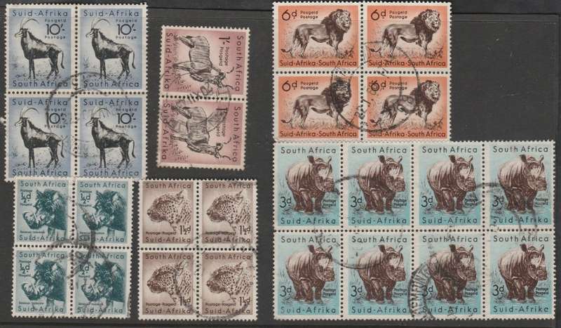 1954 Def Iss 1/2d,1 1/2d,6d,3d, 10s Bocks of 4 used,and 1s used pair CC 150,152,154,157,163 158