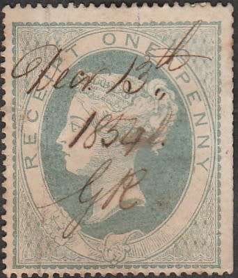 1854 ENGLAND Q Vic 1d light green receipt hand cancelled see scan