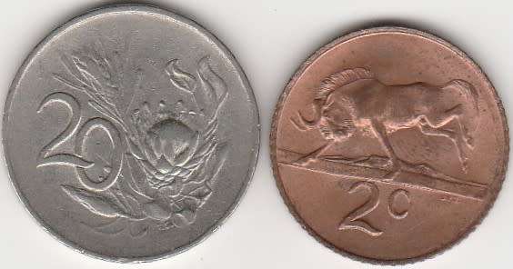 1965 R S A 20centenglish in VF grade , 2 cent in Unc grade