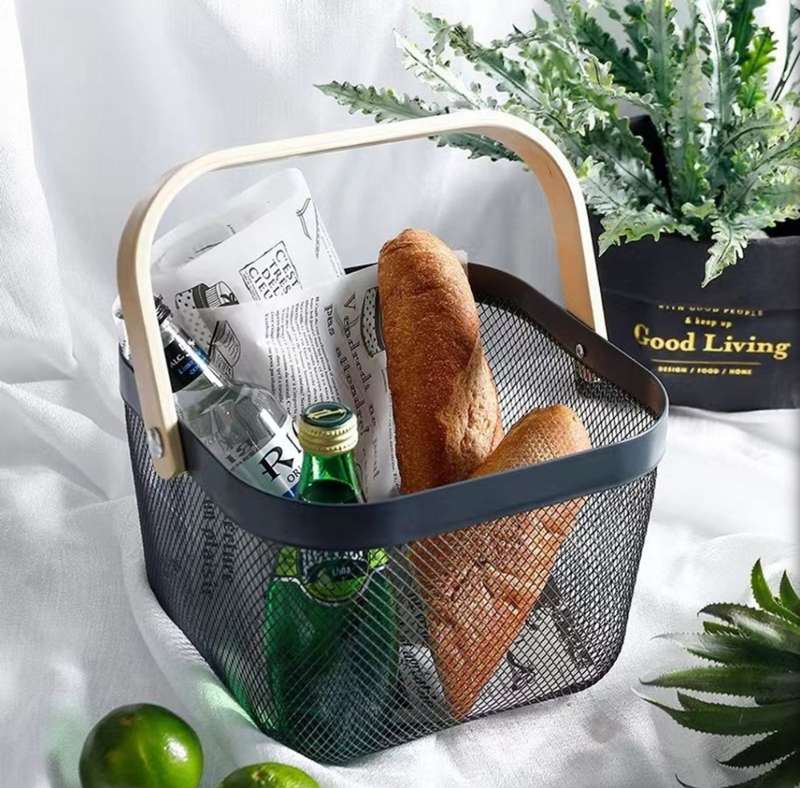 Mesh Storage Basket With Wooden Handle