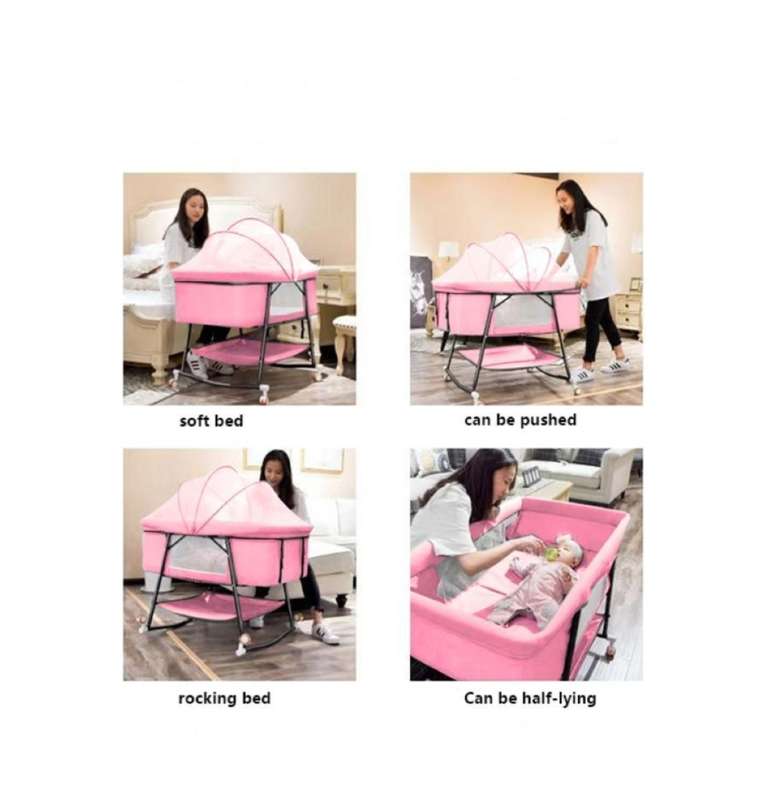 Comfortable and Adjustable Smooth Sleeping Baby Bed, Baby Crib (Pink)