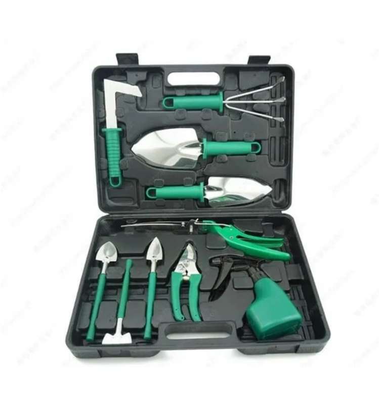 Miss Bliss Imports  10 Pieces Green Garden Tool Set In Carry Case With Handle Outdoor Gift Novelty