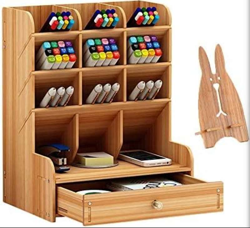 Wooden Desktop Organizer Multi-functional Pen Holder Storage Box Desktop Stationary Storage Organize