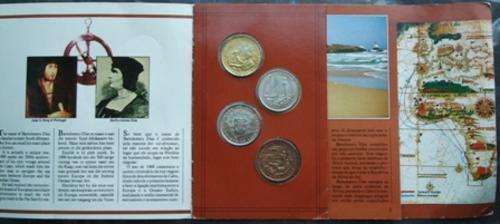 DIAS 88 Collector collection collect Set -Commemorative Coins money currency Bartolomeu Dias South African history unique 1988 500th anniversary voyage Cape navigate sea route Europe Indian Ocean three primitive sailing vessels carvels recordedt establishment Republic of South Africa Booklet languages Afrikaans, English Portuguese  SA Mint -Middelburg Steel and Alloys metal stainless steel Phalaborwa Mining Company and Copalcor copper bronze must have present gift closing soon bargain cheap low price bid buy auction special crazy wednesday friday weekend wacky set bulk lot notes