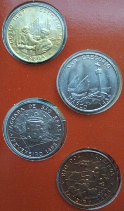 DIAS 88 Collector collection collect Set -Commemorative Coins money currency Bartolomeu Dias South African history unique 1988 500th anniversary voyage Cape navigate sea route Europe Indian Ocean three primitive sailing vessels carvels recordedt establishment Republic of South Africa Booklet languages Afrikaans, English Portuguese  SA Mint -Middelburg Steel and Alloys metal stainless steel Phalaborwa Mining Company and Copalcor copper bronze must have present gift closing soon bargain cheap low price bid buy auction special crazy wednesday friday weekend wacky set bulk lot notes