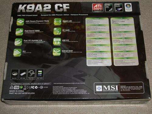mother board pc computer am2+ am+ am am 2 3 ram memory best quality ati chipset speed clock northbridge 1x MSI K9A2 CF Motherboard 1x SATA cable 1x Metal rear I/O shield 1x Molex to SATA power adapter 1x Half-Cable Tied IDE Cable (for neatness) 1x MSI manual 2x Driver CDs for Vista and XP (Vista Drivers Compatible with Windows 7)