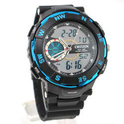OHSEN AD1312 DUAL TIME ALARM CHRONO MENS SPORT WATCH BLUE AND BLACK RUBBER CHEAP!!!!